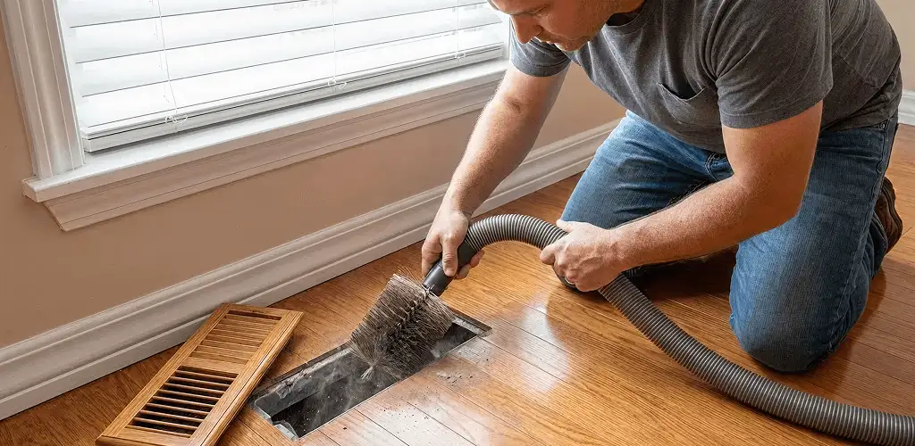 Air duct cleaning technician vacuuming a floor vent and duct opening in Honolulu, HI