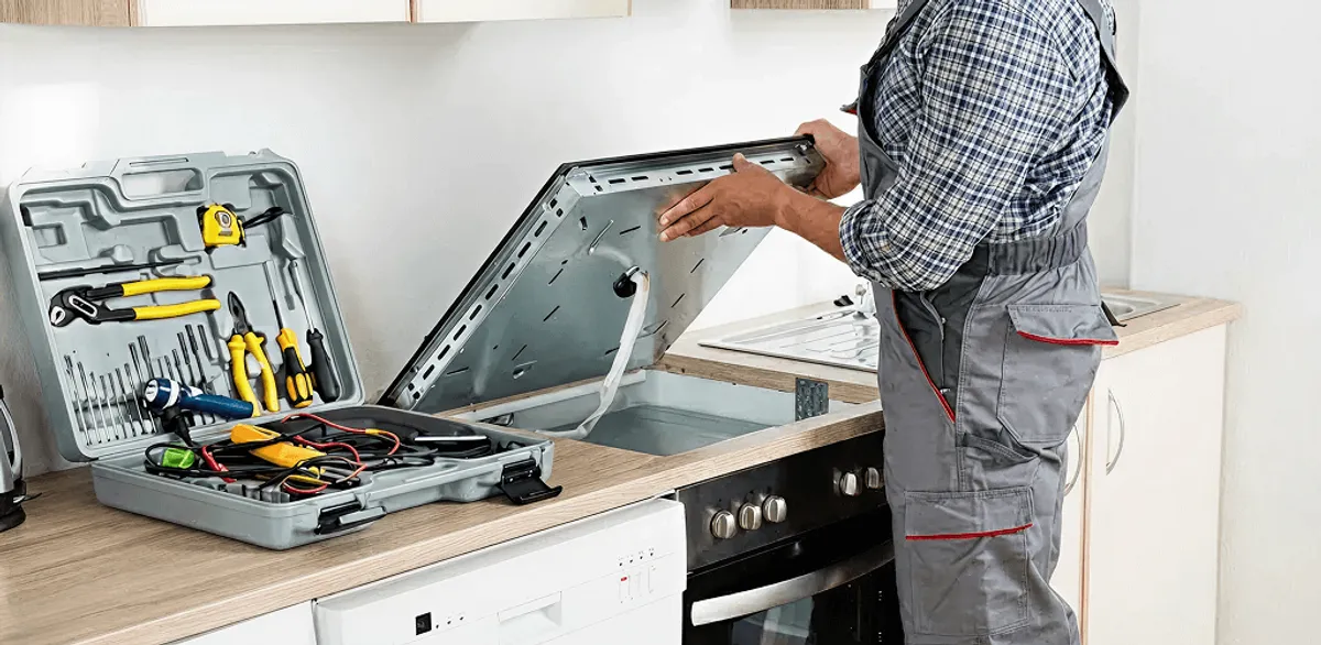 Handyman repairing a cooktop and checking wiring connections in Honolulu, HI