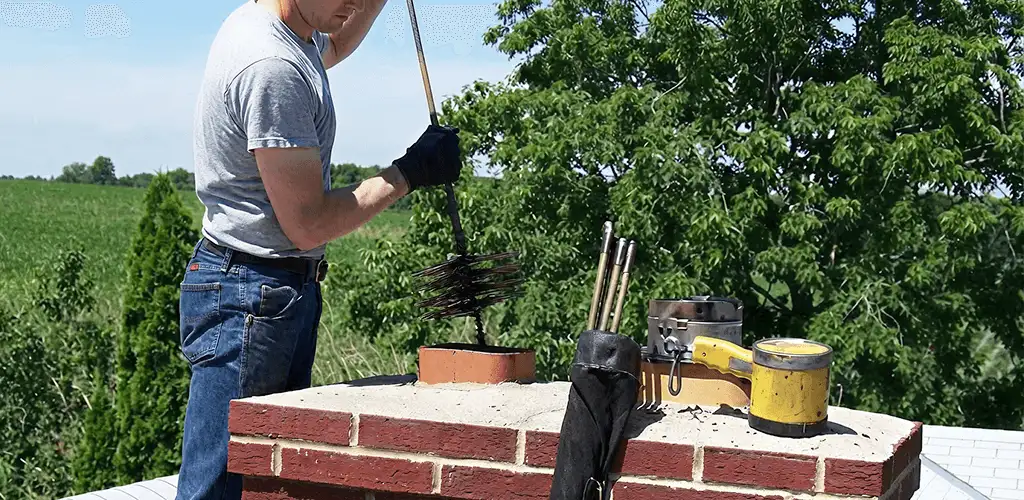 Chimney cleaning technician working on a rooftop chimney with professional tools in Honolulu, HI