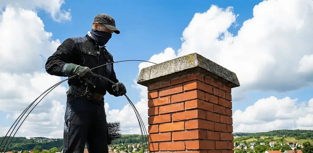 Chimney sweep cleaning a brick chimney with professional tools in Honolulu, HI