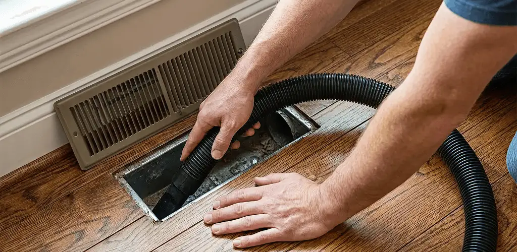Air duct cleaning technician vacuuming a floor register and duct opening in Honolulu, HI