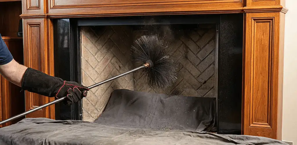 Chimney cleaning service brushing soot from a fireplace and flue in Honolulu, HI