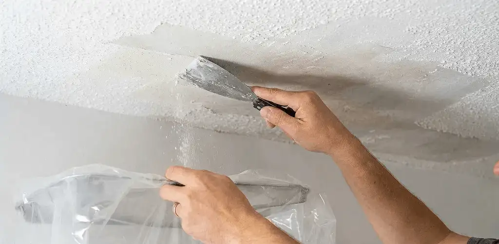 Popcorn ceiling removal technician scraping texture from a ceiling in Honolulu, HI