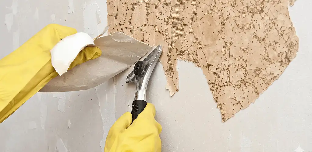 Wallpaper removal service stripping old wallpaper from a wall in Honolulu, HI